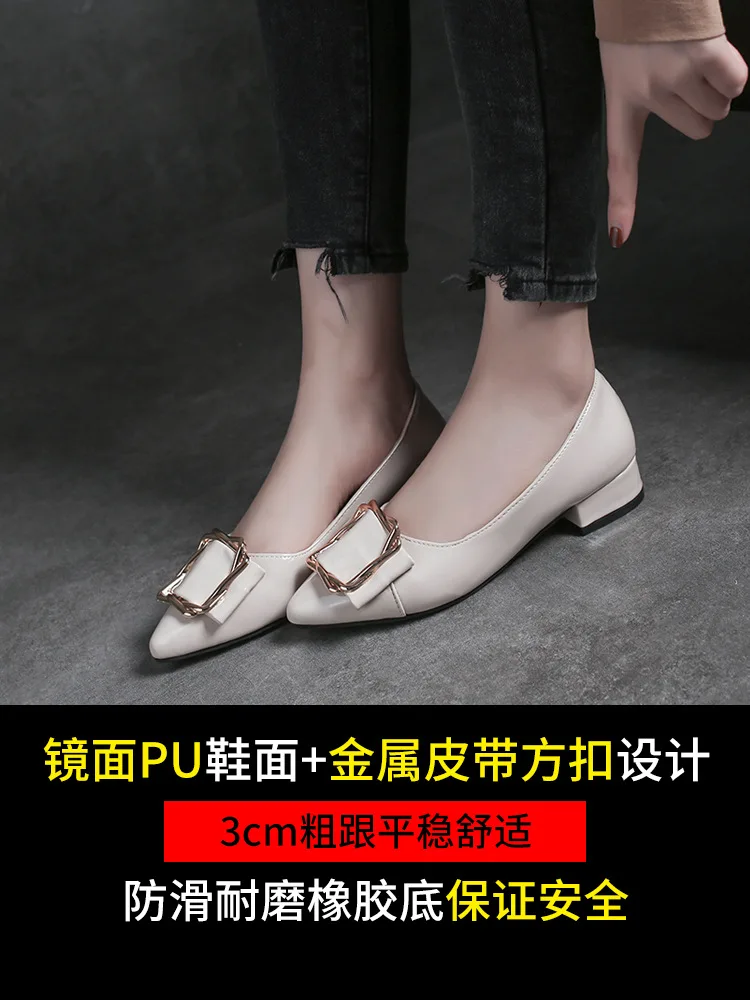 

Shoes Women's 2019 Spring Flat Online Celebrity Pointed Shoes Korean-style Versatile-Style Chunky-Heel Metal Buckle Shallow Mout