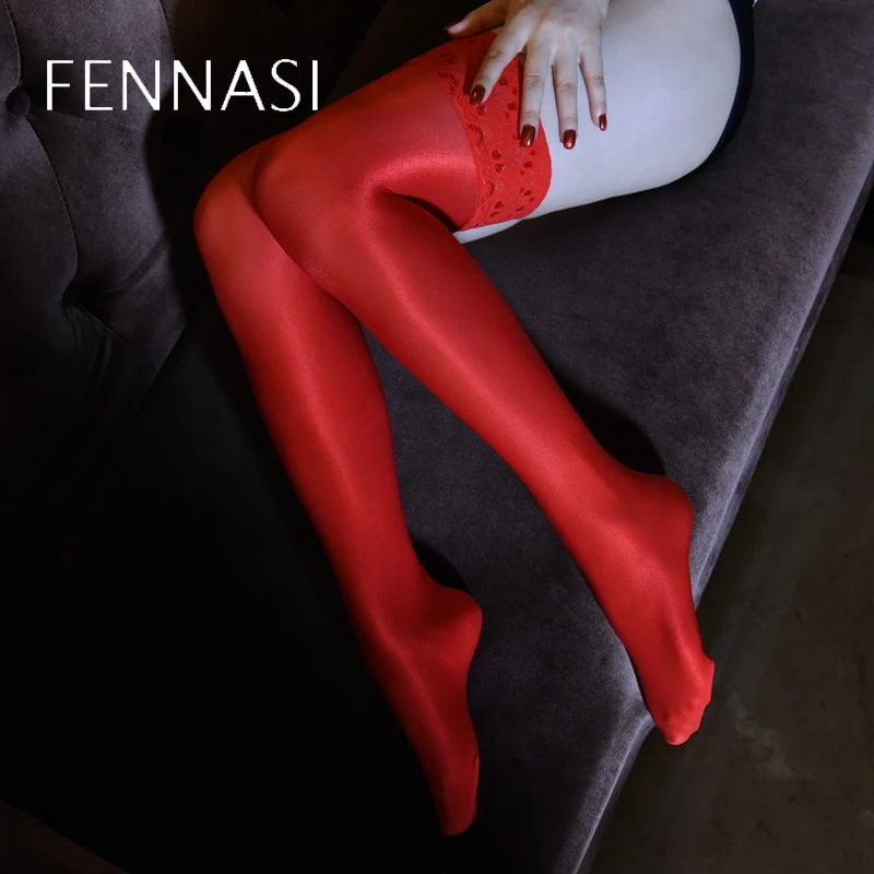 FENNASI масляные глянцевые 70D Нейлоновые женские чулки Красные кружевные силиконовые Чулки выше колена блестящие атласные женские эротические сексуальные чулки
