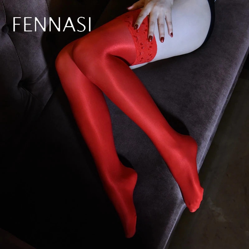 

FENNASI Oil Glossy Nylon Women Stockings Red Lace Silicone Slip OverKnee Stockings Female Erotic Transparent Sexy Stockings