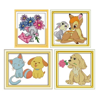 

Little Deer and Little Rabbit Counted Cross Stitch Kits Sale 14CT Printed Fabric DIY Hand Cross Stitch Sets for Embroidery Kits