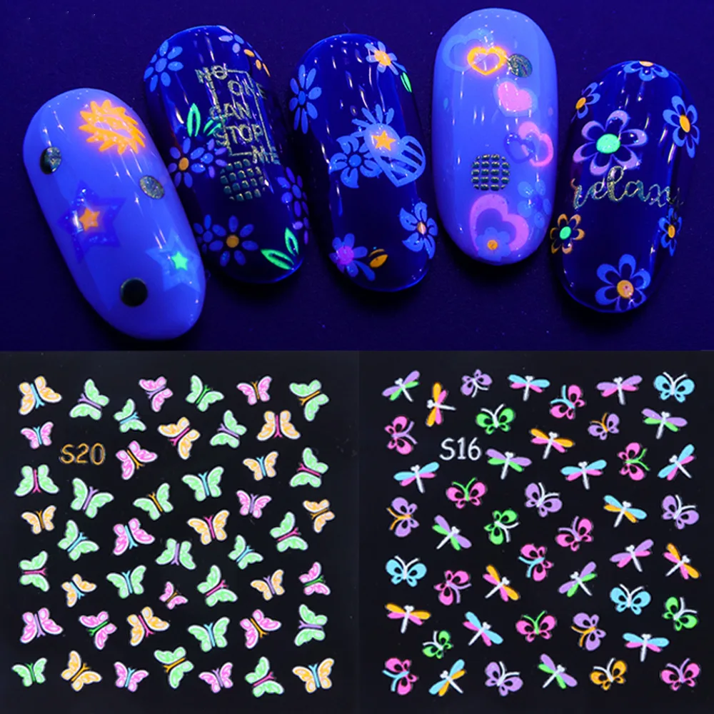 Lots Fluorescent Flowers Nail Stickers Party Butterfly Night Glow Star Decoration Manicure Applique Sliders For Nails Set Design