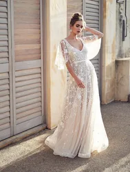 Beach Wedding Dresses A-line V-neck Tulle Appliques Lace Backless Boho Wedding Gown Bridal Dress Vestido De Noiva