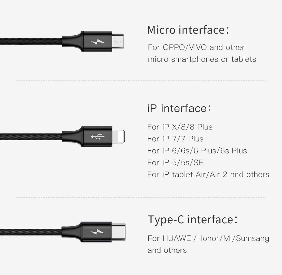 Baseus Тип usb C кабель 3 в 1 для iPhone X, 8, 7, 6, микро USB кабель 2 в 1 зарядный кабель для samsung s9 3A провод для быстрой зарядки для Huaiwei