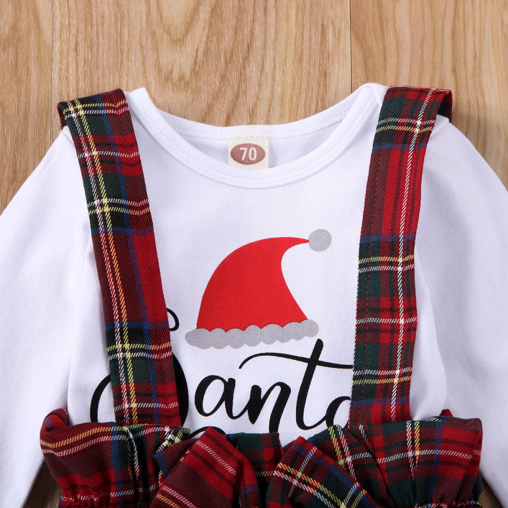 Детский комбинезон на первое Рождество для новорожденных девочек, клетчатое платье на лямках, повязка на голову, одежда из 3 предметов