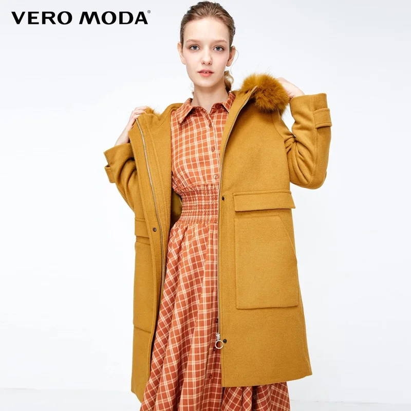 Vero Moda осень зима съемный воротник из меха енота шерстяное пальто куртка пальто | 318327560