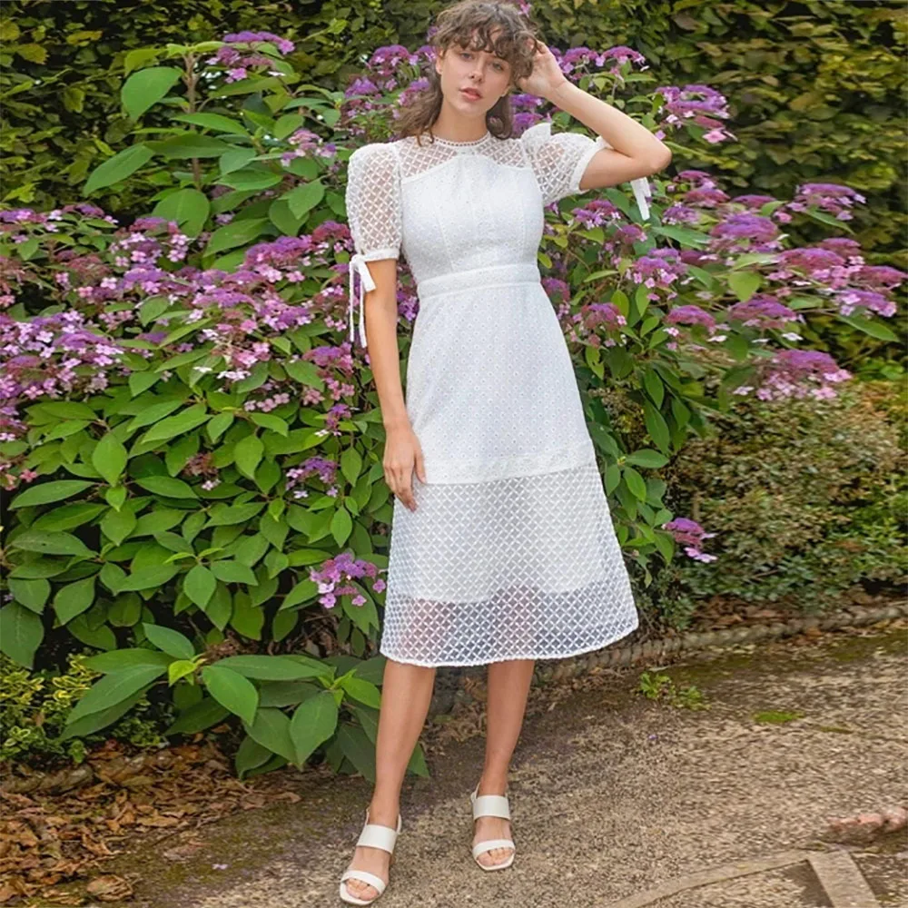

Sevintage Fairy Camellia Midi Prom Dresses Elegant Short Sleeves Evening Gowns High Neck Formal Party Dress