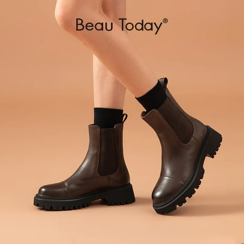 

BeauToday-cowhide round toe ankle boots for women, thick sole, elastic, shoes hand made, Chelsea, FS02379