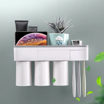 

Wall Mount Magnetic Adsorption Toothbrush Holder Inverted Toothpaste Makeup Cleanser Storage Rack Bathroom Accessory Set