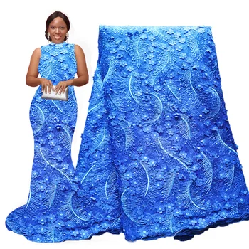 

Newest 3d flower african sequence lace fabric blue Nigerian lace fabric french tulle net lace fabrics for Party dresses