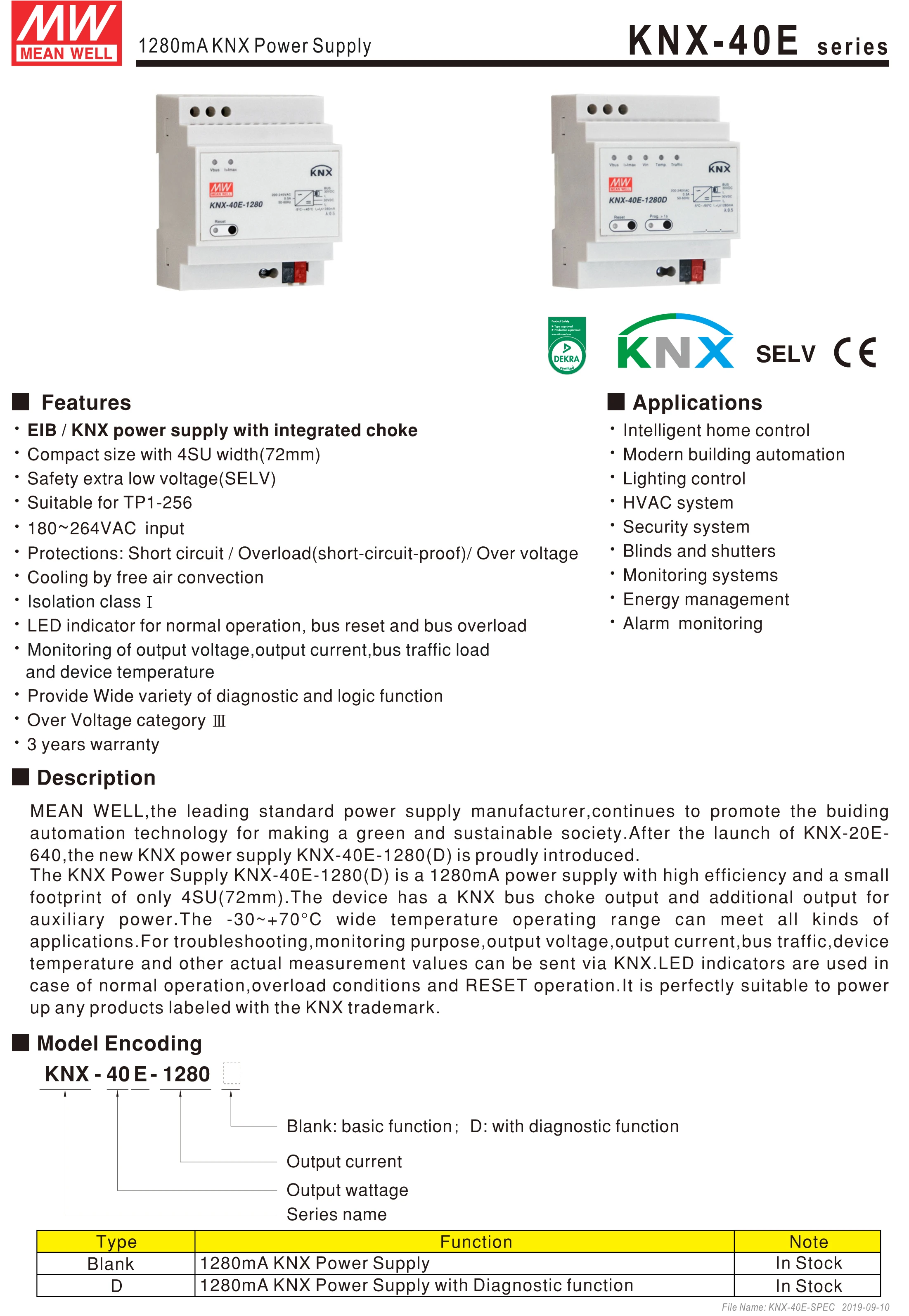 MEANWELL KNX-40E-1280D 180V-264VAC 1280mA 30 в 38,4 Вт интегрированный дроссель KNX диагностический импульсный источник питания умный дом управление