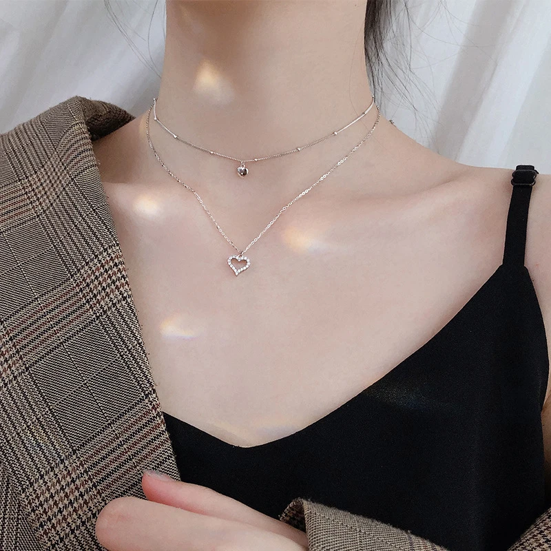 Womens Jewelry Wedding Heart Necklaces Double Layer Cubic Zirconia Clavicle Short Choker Necklace for Female | Украшения и