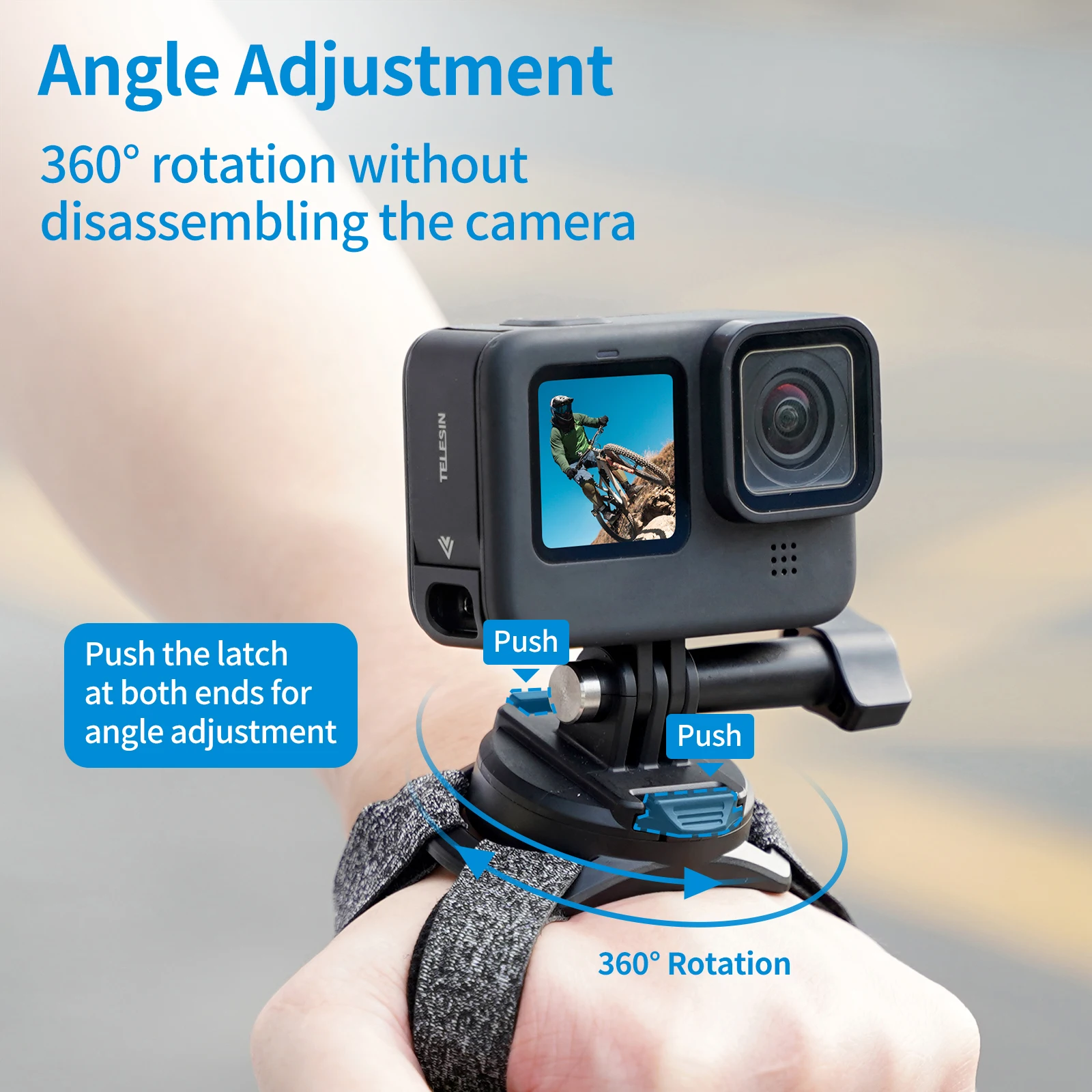 Vue détaillée de la dragonne rotative 360° TELESIN, montrant le mécanisme de rotation et l'attache pour caméras d'action
