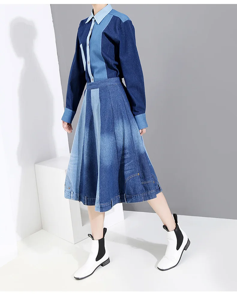 [EAM] джинсовая юбка с высокой эластичной резинкой на талии контрастного синего цвета, женская мода, новая весенняя Осенняя коллекция, 1D512