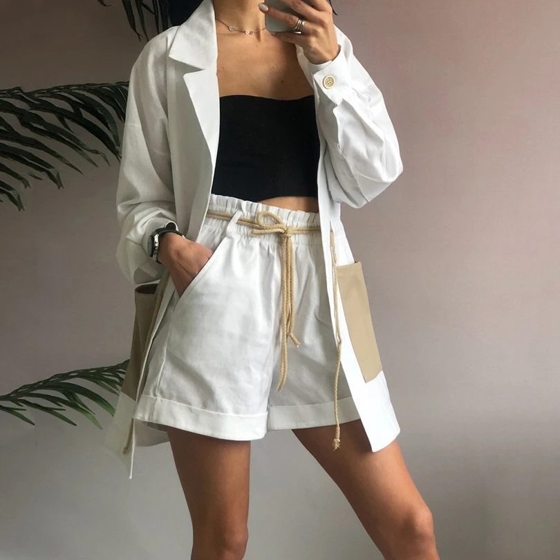 

Taotrees Summer Women Two Piece Set String Waisted Long Jacket + Shorts Female Casual Suit Set Women's 2 Piece Set