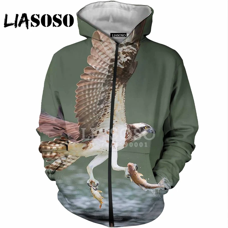 LIASOSO 3D принт для женщин мужчин птицы ловля рыба змея лиса толстовки с капюшоном кофты куртка на молнии повседневные топы X2838