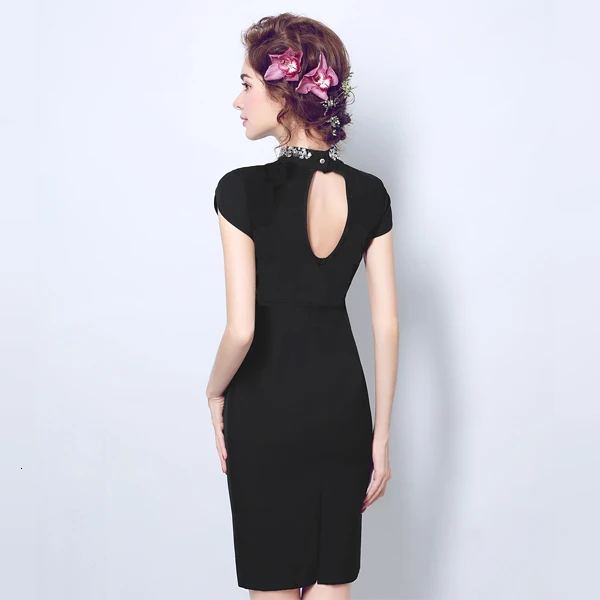 BacklaeGirls черные коктейльные платья с высоким воротником и короткими рукавами из сатина, стразы, открытая спина