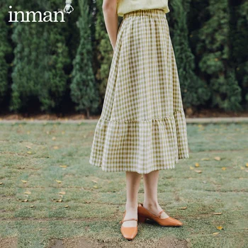

INMAN Retro Style 2020 Summer New Arrival Pastoral Plaid A-line Skirt