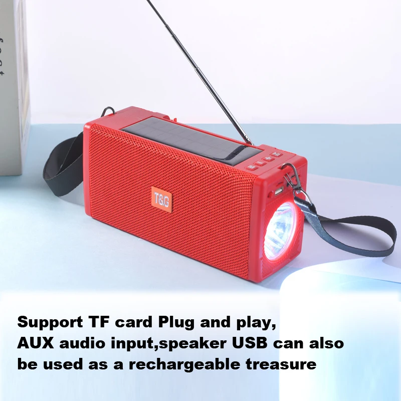

2020 new TG188 wireless solar charging outdoor multi-function FM radio stereo bluetooth speaker with LED flashlight, support TWS
