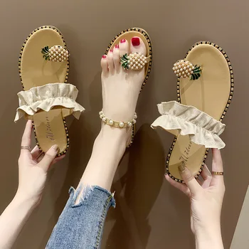 

Plus Size Women Flats Slippers Summer Casual Flip Flops Flowers Pearl Woman Flat Shoes Comfortable Female Beach Sandals