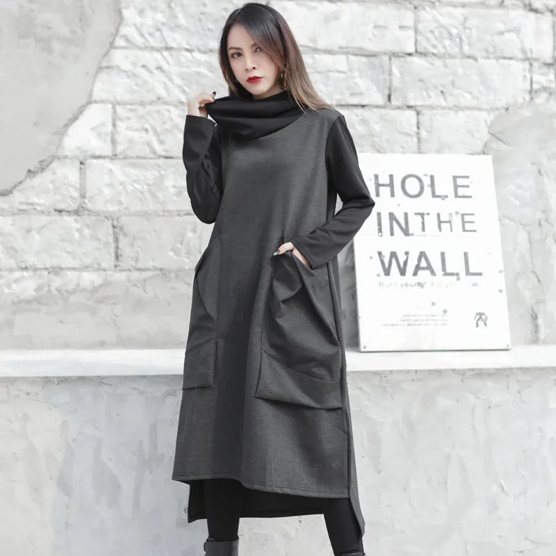 LANMREM 2020 весеннее Новое свободное платье с длинным рукавом и высоким воротником