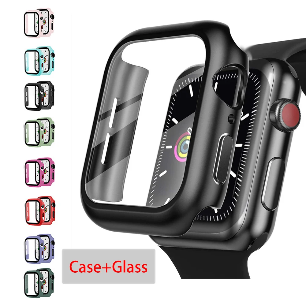 Vidrio + para Apple Watch Serie 6 5 4 3 SE 44mm 40mm watch cuero, iWatch 42mm 38mm Protector de pantalla + cubierta de apple Watch Accesorios