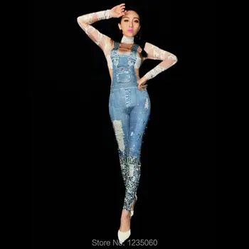 

Bright Stones Jeans Printed Jumpsuit Rhinestones Skinny Leggings Nightclub Show Women's Birthday Party Prom DS Outfit Stage Wear