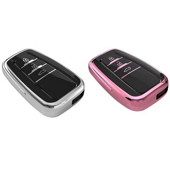 

2Pcs TPU All Inclusive Three Button Key Protector Cover for Toyota Camry Corolla Highlander 2017-2019 - Pink & Silver