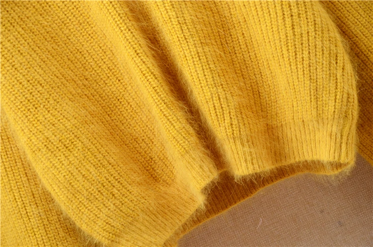 Зимняя одежда, Женский Однотонный свитер, женский короткий свитер с v-образным вырезом, рукава-фонарики, норка, кашемир, мех ангоры, кролик, вязаные пуловеры