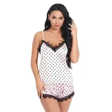 Женский винтажный пижамный комплект в горошек из 2 предметов, летний имитационный шелк, топ на бретельках, кружевные шорты с кружевной отделкой, сексуальное нижнее белье, одежда для сна