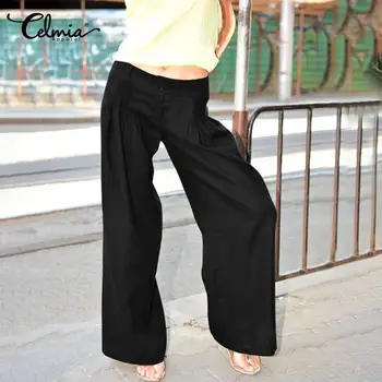

2020 Summer Celmia Women Solid High Waist Long Pants Casual Linen Buttons Loose Bottoms Ladies Wide Leg Pants Femme Pantalon 5XL