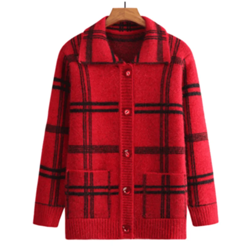 UHYTGF Female Cardigan Knitted Sweater Jacket Fashion Plaid Single-Breasted Autumn Sweater Women Elegant Pocket Big Size Top724