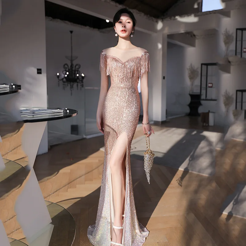 

Сексуальное вечернее платье-Русалка с блестками и бахромой, вечернее платье-Ципао на молнии сзади для выпускного вечера, женское платье