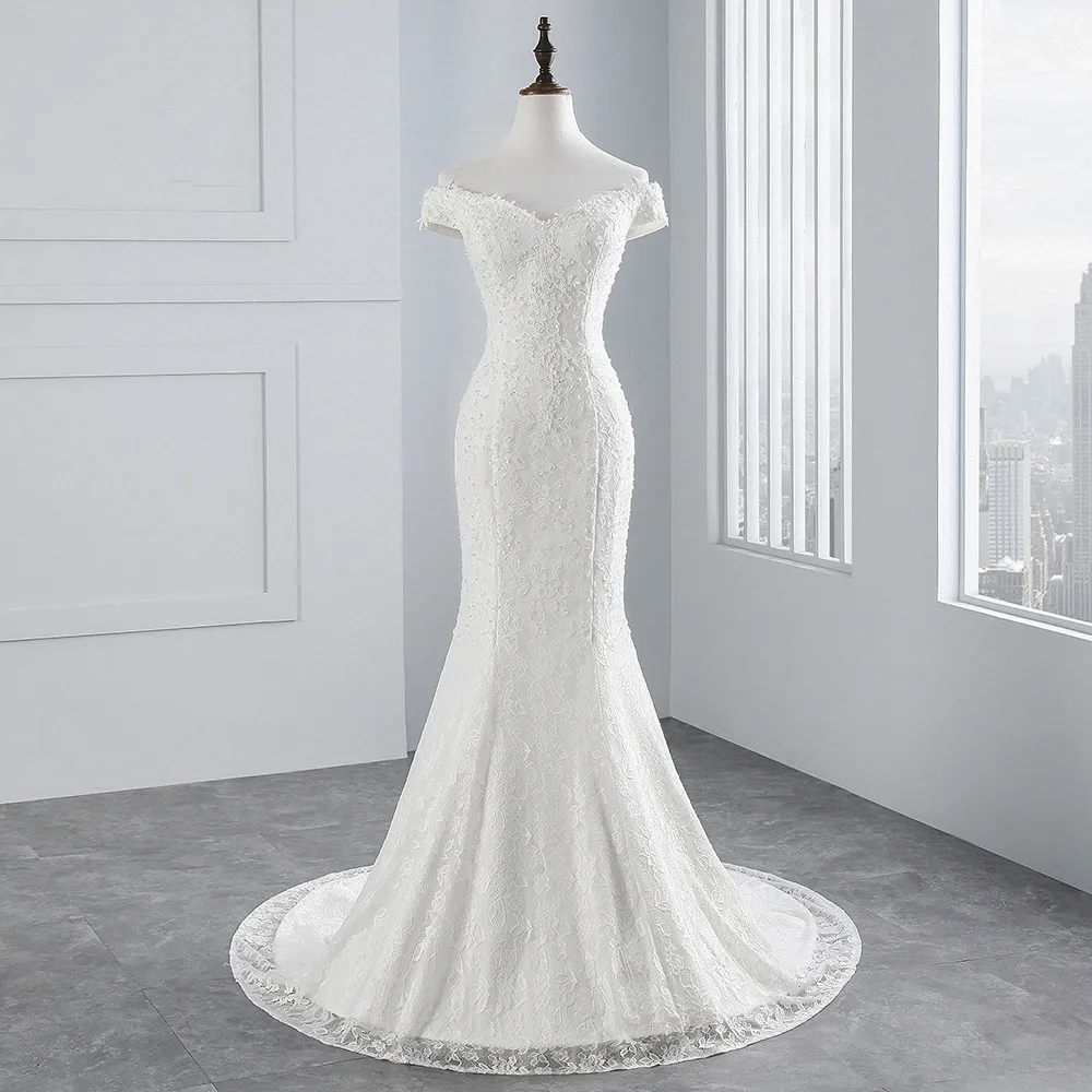 Настоящая фотография, Новое Стильное красивое кружевное свадебное платье с вырезом лодочкой для свадьбы, свадебное платье русалки