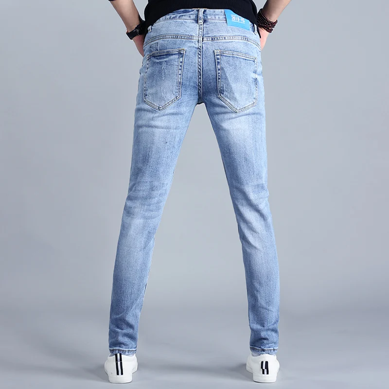 Summer Men's Light Blue Jeans Korean Style Casual Cotton Slim Fit Denim Pants