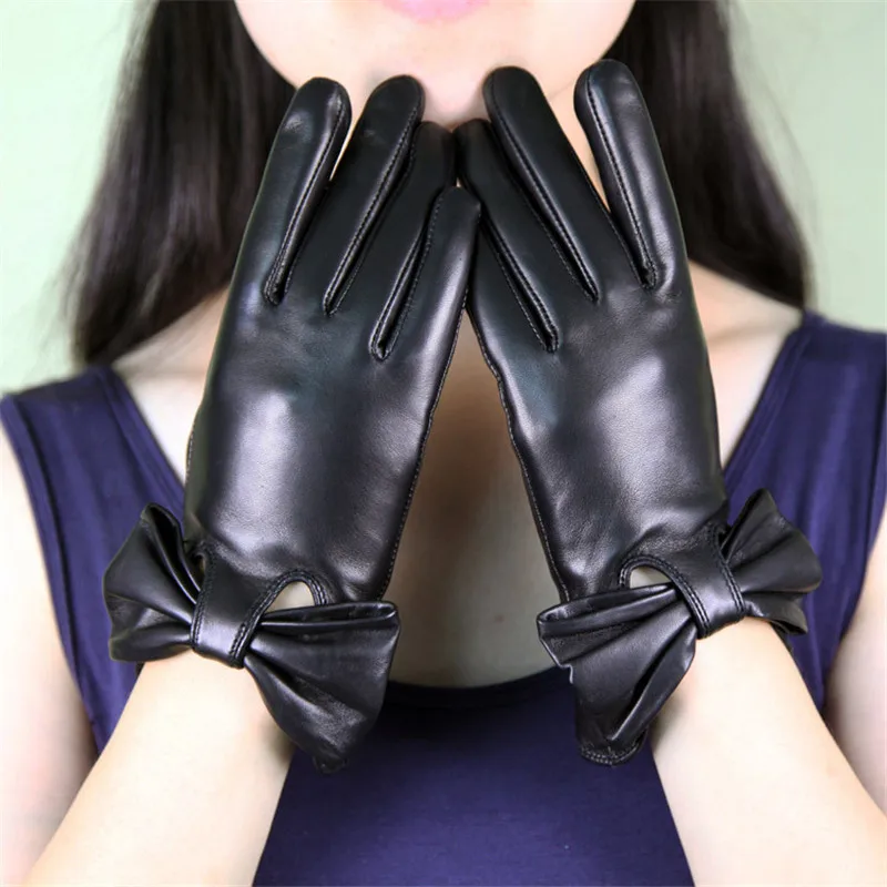 black velvet lined Женские перчатки из овчины, натуральная кожа, с бантом-бабочкой, перчатки для вождения, зимние теплые бархатные, Прямая с фабрики, XC-223 - Цвет: black velvet lined