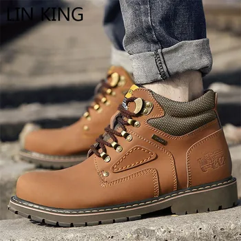 

LIN KING Military Tactical Mens Boots Genuine Leather Waterproof Man Desert Combat Ankle Boots Work Safety Botas Big Size 39-47