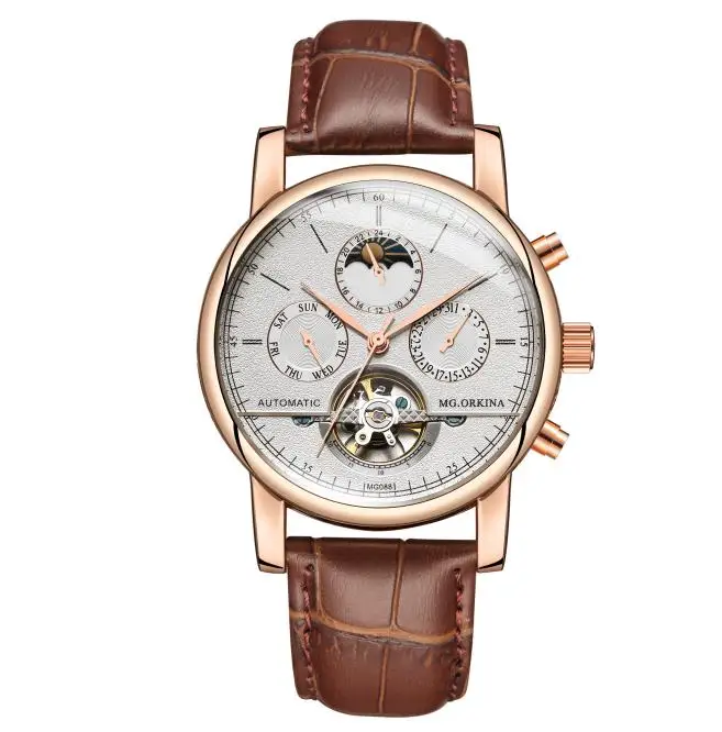 MG ORKINA Автоматические Мужские часы с самообмоткой Moon Phase наручные часы tourbillon механические наручные часы montre homme reloj hombre - Цвет: leather brown