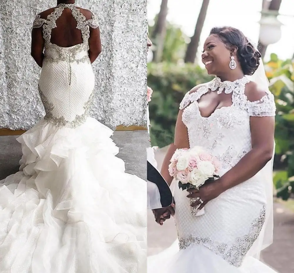 

Plus Size Mermaid African Wedding Dresses Beaded Applique Tulle Bride Dresses High Neck Wedding Gowns Lace Up Vestido de novia