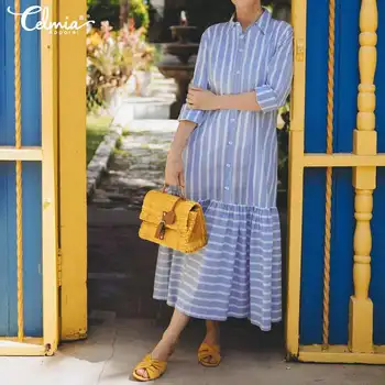 

Vintage Striped Dress Women Celmia 2020 Autumn Long Sleeve Casual Loose Ruffles Vestidos Robe Fashion Long Maxi Dress Plus Size