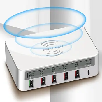 

QI Wireless USB Charger 40W QC3.0 Type C Fast Charge Adapter Universal 6 Ports LCD Smart USB Charger Station