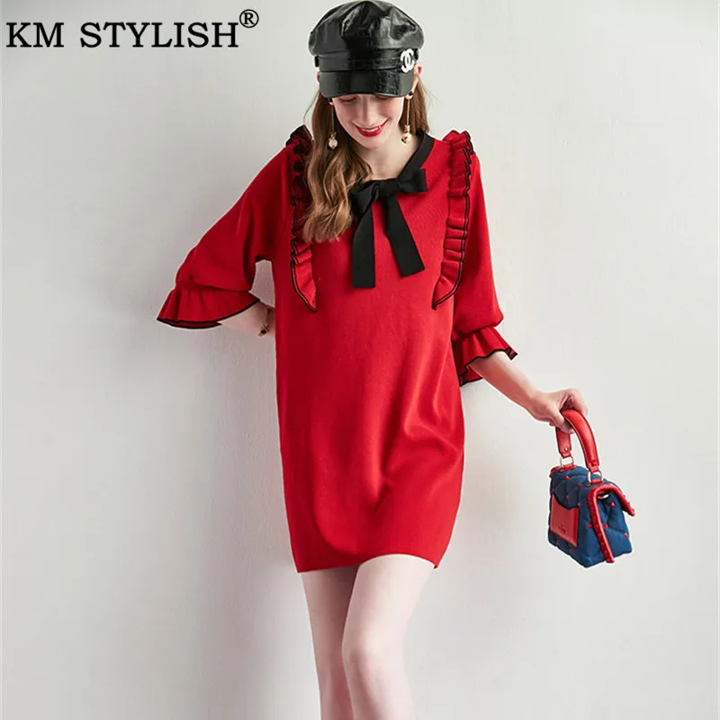 Vestidos Для Женщин, вязаное платье, осень, новое французское винтажное зеленое Черное Красное платье с бантом и деревянными ушками, платье с расклешенными рукавами