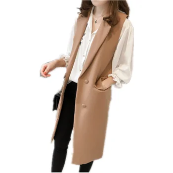 

Long Vest Women Elegant Pocket Button Suit Vest Spring Autumn Long Coat Sleeveless Outerwear Plus Size 4XL Lady Slim Waistcoat