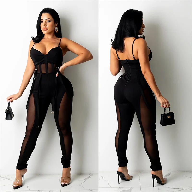 Zoctuo Casual Jumpsuits For Women Summer V Neck Spaghetti Strap Jumpsuits  And Rompers Mesh Patchwork Sexy Tight Girl Romper Club