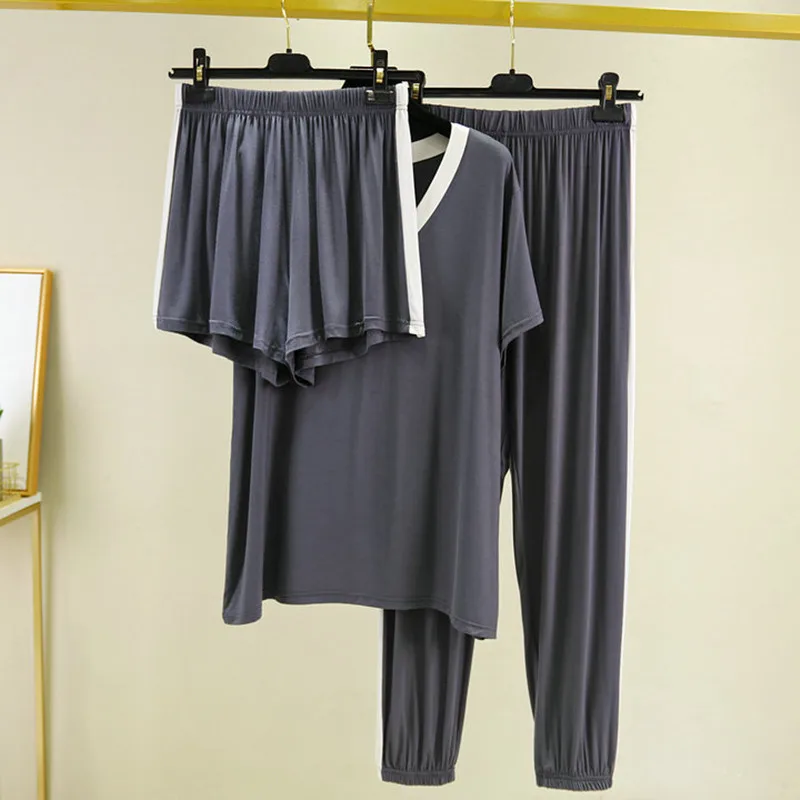 

Modal Casual Shirt + Pant + Shorts 3 Pieces Set New Spring Fall Pajamas Women V Neck Loose Summer Pyjamas Female Lounge Pijama
