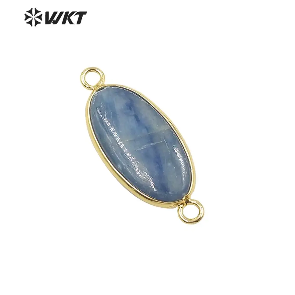 

WT-P1517 Women Fashion Gold Double Loops Oval Shape Blue Kyanite Pendant Natural Stone Connector Jewelry Findings
