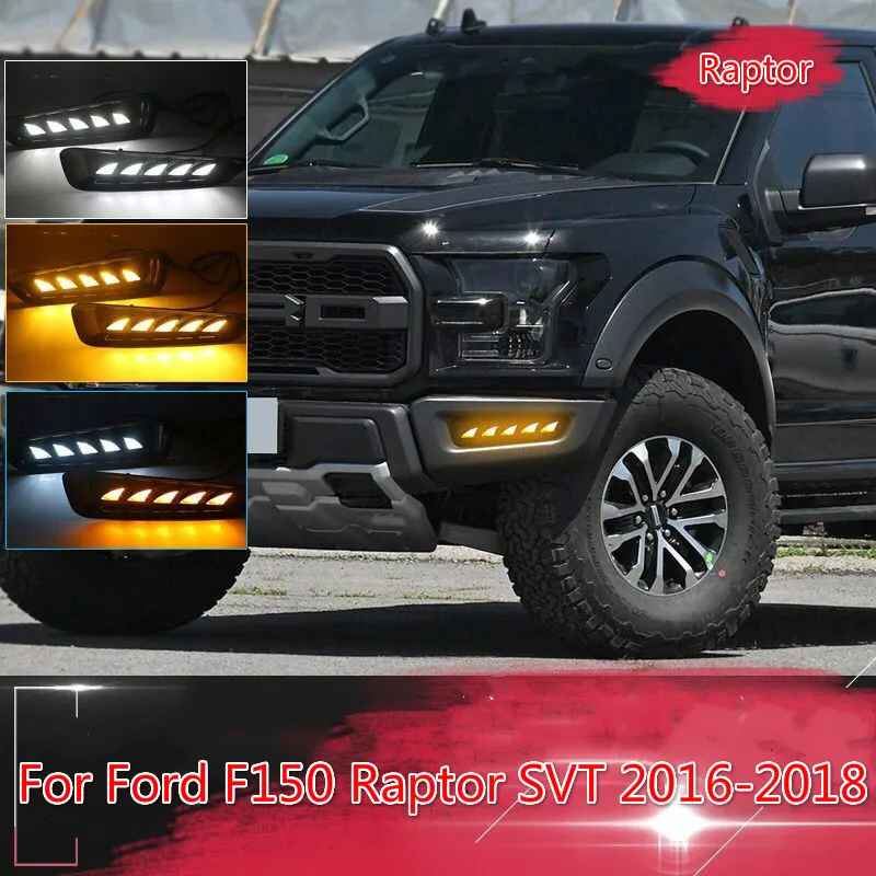 

car flashing 1Set DRL Daytime Running Light Daylight Fog Lights For Ford F150 Raptor SVT 2016 2017 2018 With Turn Signal Lamp