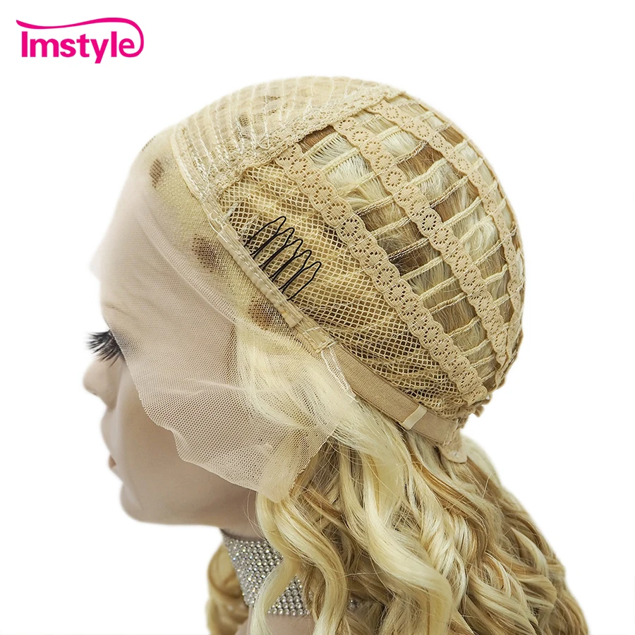 Synthetic wig Imstyle synthetic lace front wig blonde golden mixed lace wig curly heat resistant fiber long wigs for women cosplay