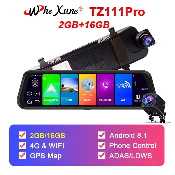WHEXUNE 4G Android 8,1 Автомобильный видеорегистратор Камера 10 дюймов потоковая передача медиа зеркало заднего вида gps навигационный рекордер Full HD 1080P двойной объектив - Название цвета: TZ111 Pro