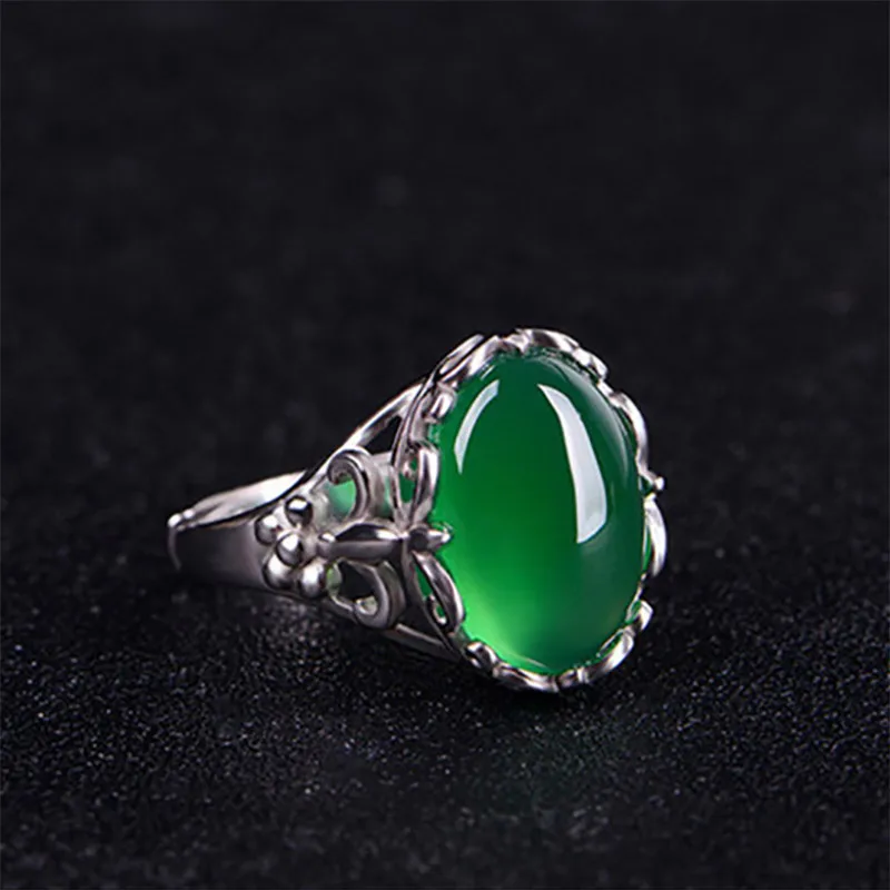 Cellacity Classic Fine Jewelry with Gemstones Silver 925 Ring for Women 15*12mm Green Chalcedony Opening adjustable Female Gift