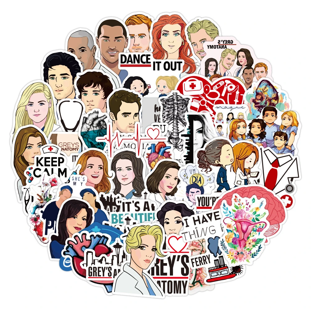 10 50pcs cartoon tv show greys anatomy stickers funny scrapbooking luggage laptop phone decals diy album sticker doctors gift stickers aliexpress